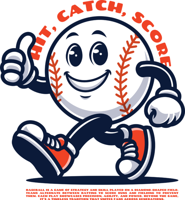 Cartoon of a baseball with a circular phrase design