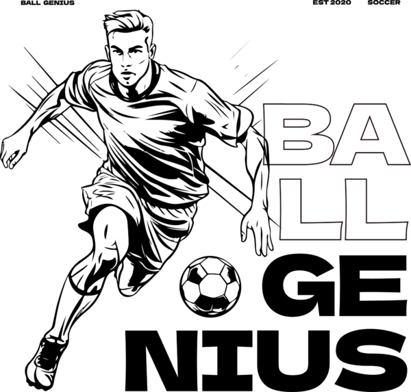 Soccer player running with a ball in black and white illustration style design