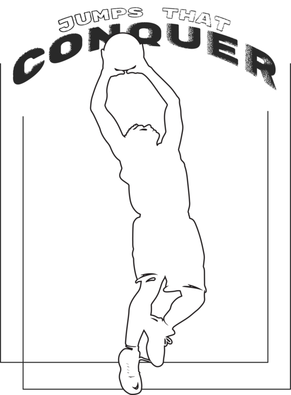 The silhouette of a basketball player jumping to score in a hoop design