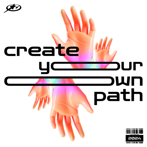 3D illustrations of a hand with holographic gradients over a phrase with variable effect design