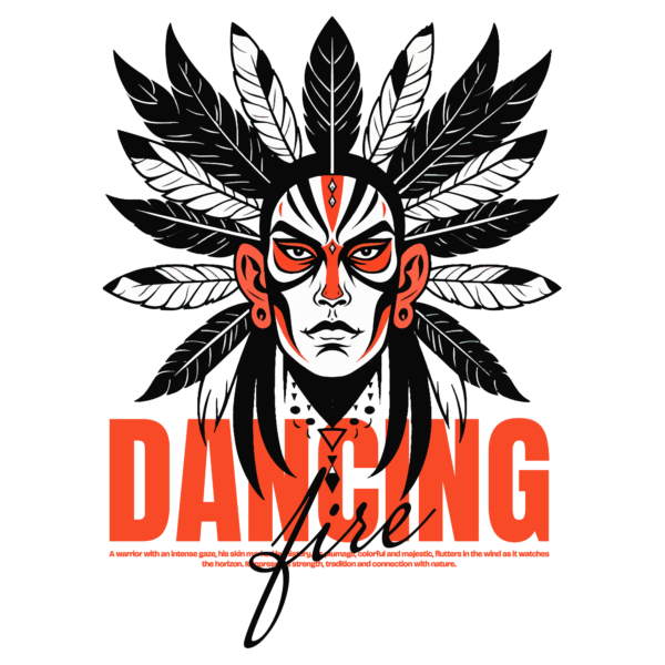 A man with feathers in his hair and a design on his face decorated with phrase design