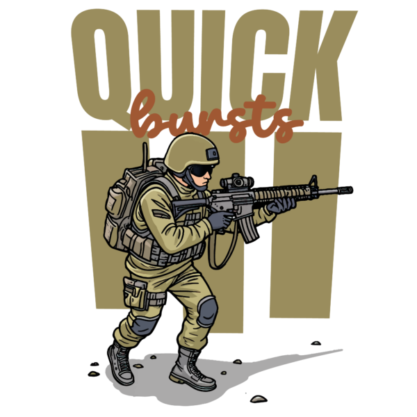 Illustration of a soldier preparing to shoot against a background of letters design
