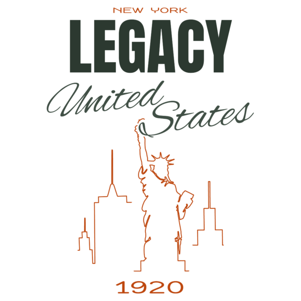 Line drawing of the Statue of Liberty with buildings in the background and a phrase about USA design