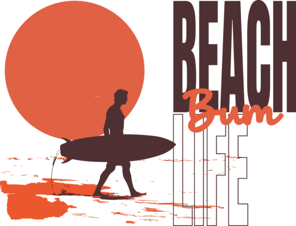 Surfboard carrying man with sun in background design