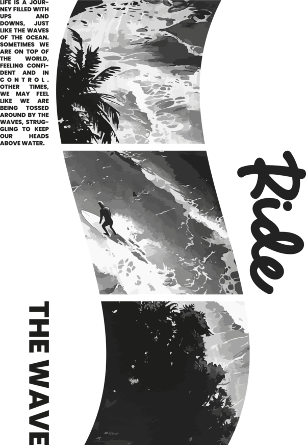Surfer riding waves in a strip of images and a summer phrase_design