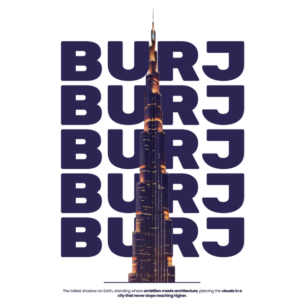 The name of the Burj Khalifa repeated vertically with the illustration of the building design