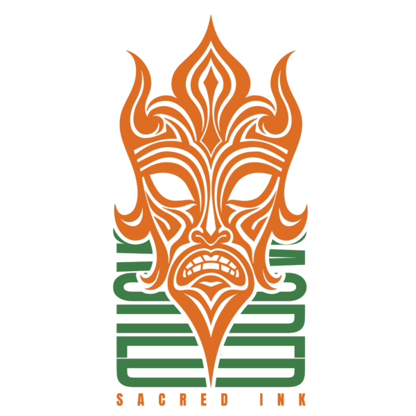 Tiki style mask in tribal design in orange tones with a phrase in vertical format design