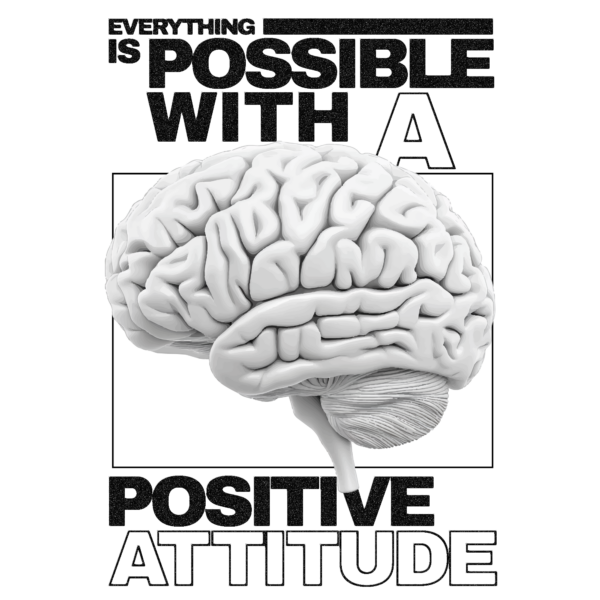 A 3d illustration of a brain inside a frame and superimposed on a phrase design