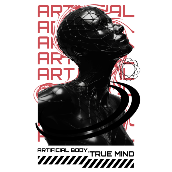 A 3d style android with a mesh and circle surrounding it and a melting phrase design