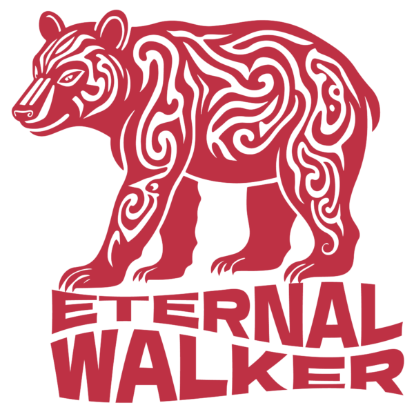 A bear in red tones with tribal figures on its body design