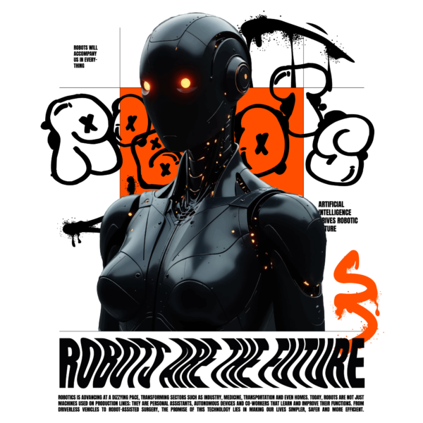 A black toned android with an urban graffiti style background design