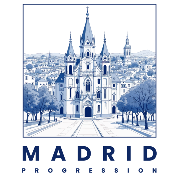 A design of a cathedral in Madrid in a frame in blue tones design