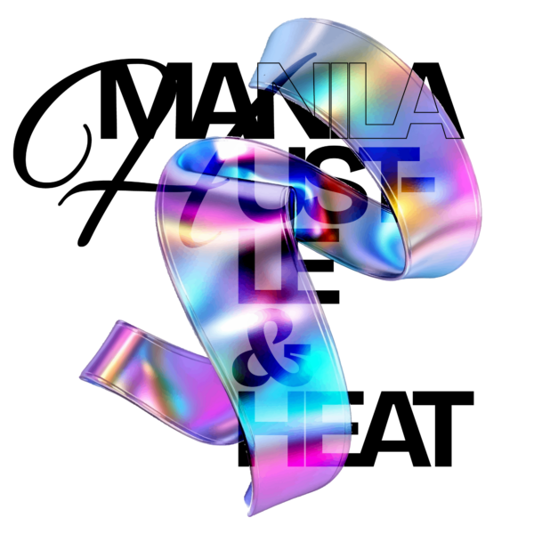 A design with a holographic colored strip interwoven with text design