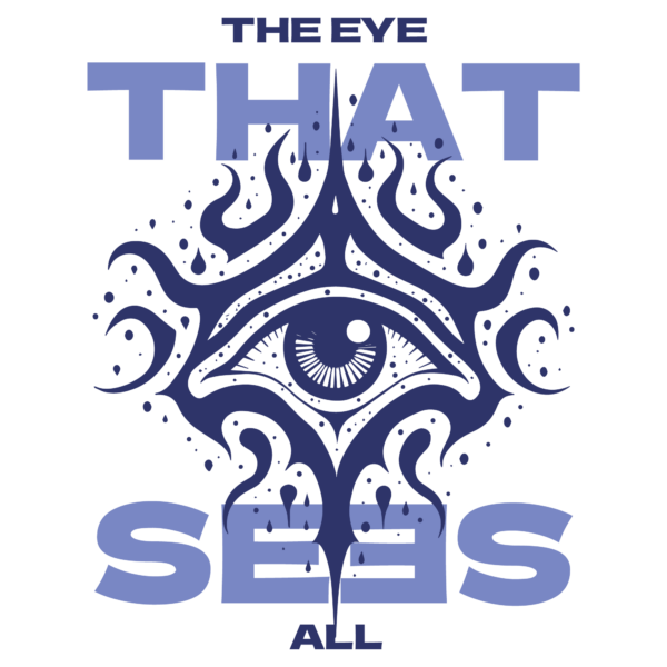 A detailed illustration of an eye in tribal style design