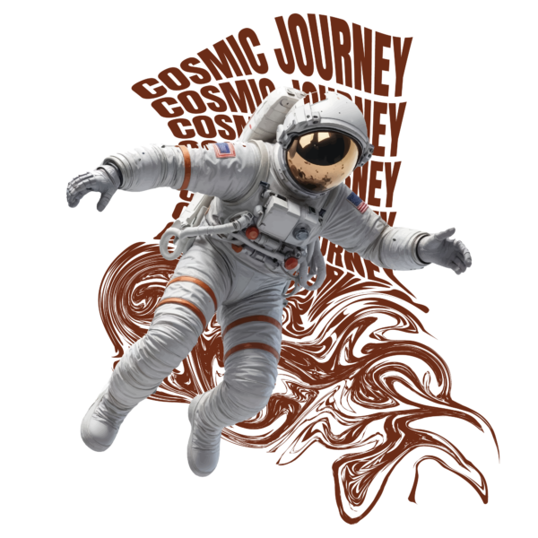 A distorted phrase melting creating a background for a floating astronaut design