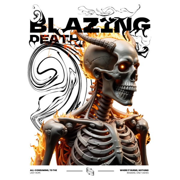 A horned skeleton engulfed in flames in 3d style design
