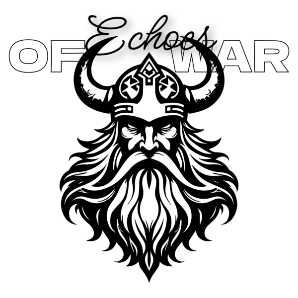 A illustration of the face of a viking with a helmet and a long beard design