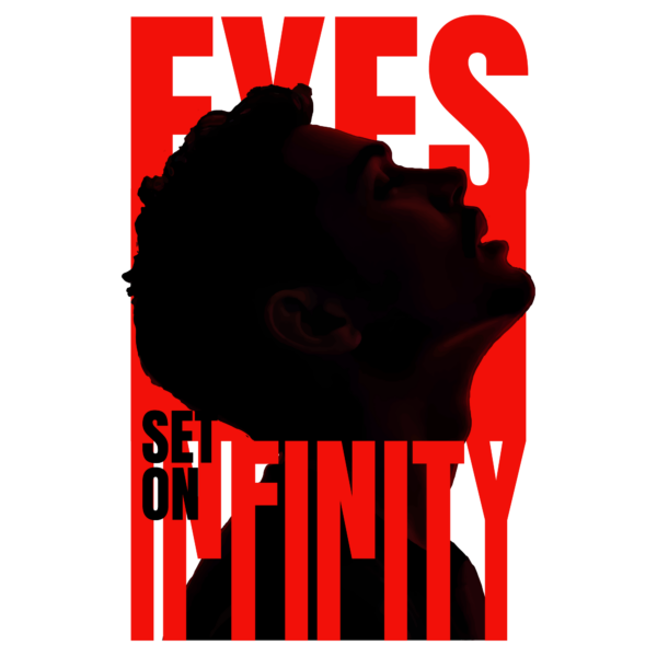 A man looking at the sky with a phrase in red tones that stretches vertically design