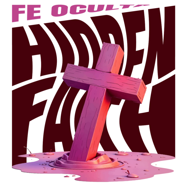 A pink cross melting over a background of letters with twist effect design