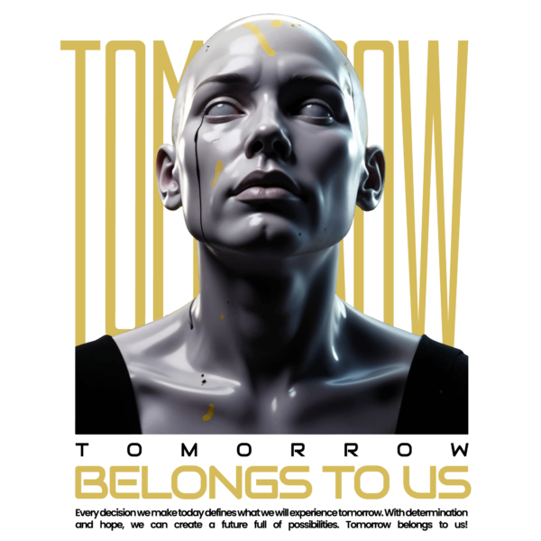 A realistic 3d style android looking at the sky over a background of letters design