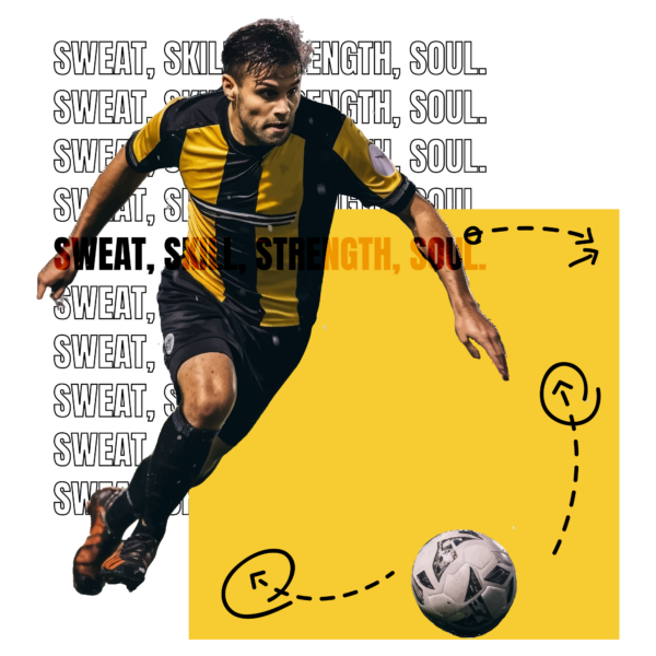 A realistic illustration of a soccer player with a looping phrase design