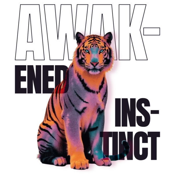 A tiger sitting in the middle of a crossed phrase design