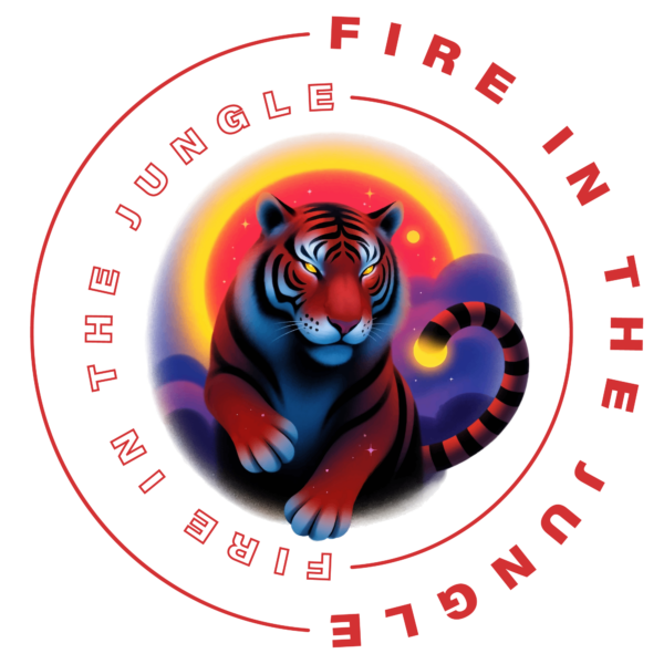 A tiger with a nighttime landscape in the center of a circular phrase design