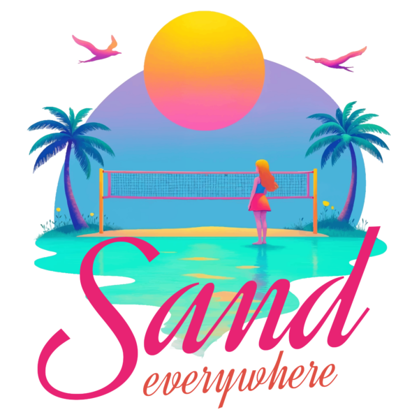 A volleyball net with palm trees around design