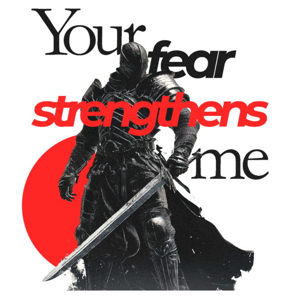 A warrior holding a sword intertwined with a phrase design