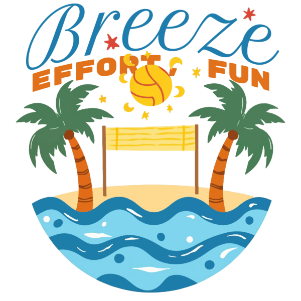 An arched illustration of a beach with a volleyball net and a ball design