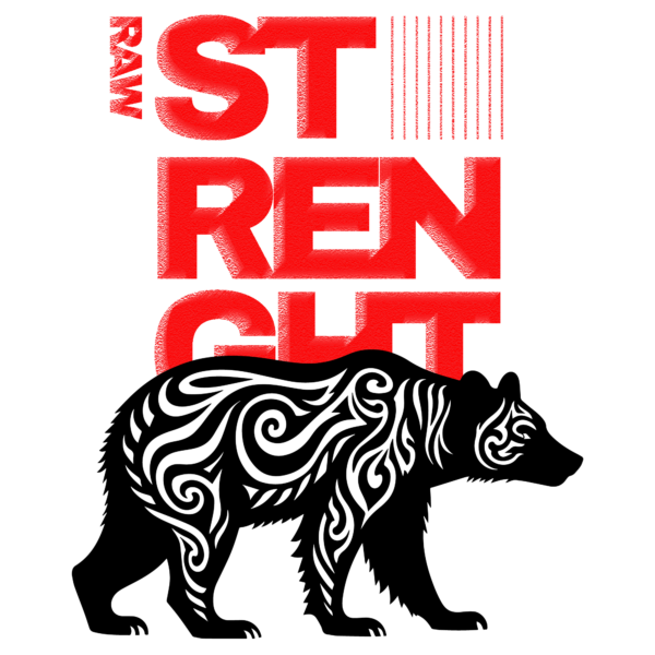 An illustration of a bear with white lines in tribal style design