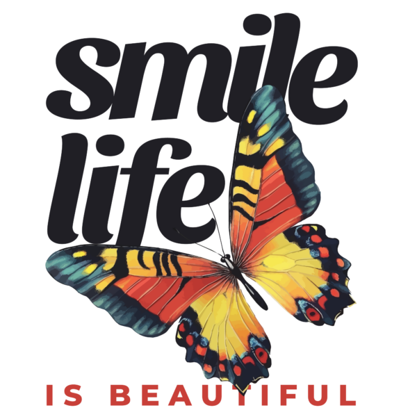 An illustration of a small colorful butterfly over a text design