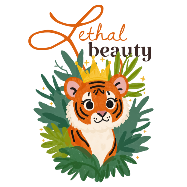 An illustration of a tiger with a crown coming out of the bushes design