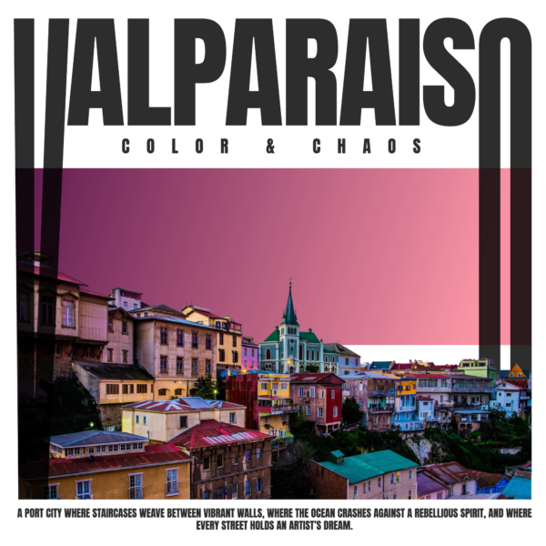 An illustration of the city of Valparaiso Chile with a gradient background design