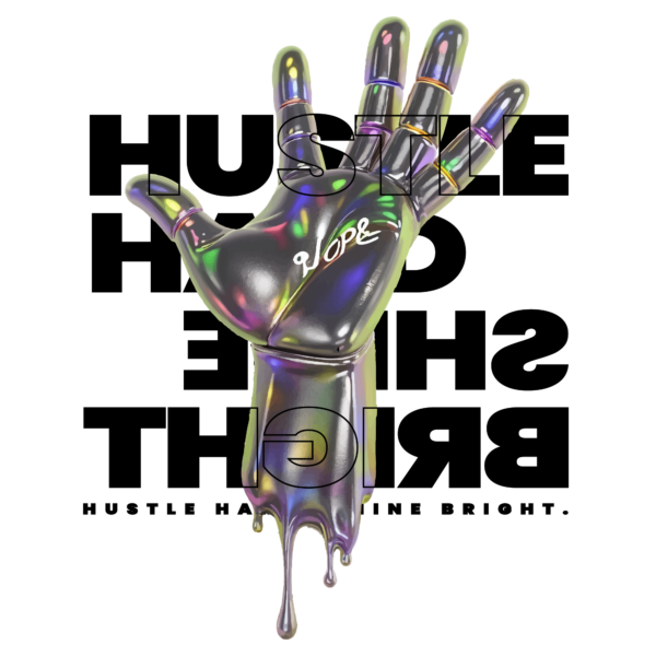 An open hand melting in 3d chrome style overlaid on a phrase design