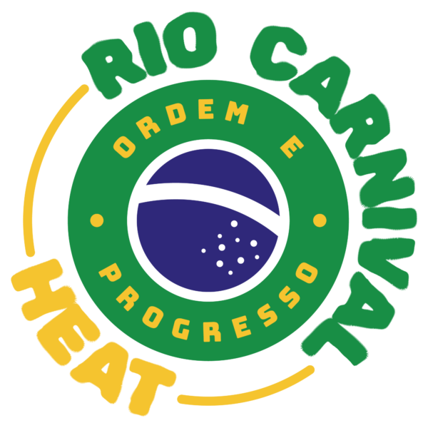 Circular design with the flag of Brazil and a phrase about the Rio Carnival design