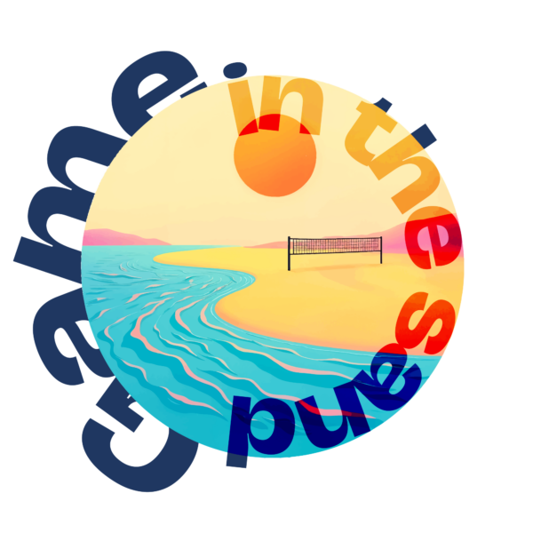 Circular illustration of a volleyball net on the beach design