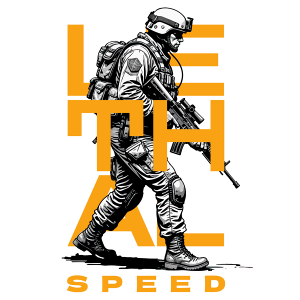 Illustration of a soldier in black and white tones intertwined with the accompanying phrase design