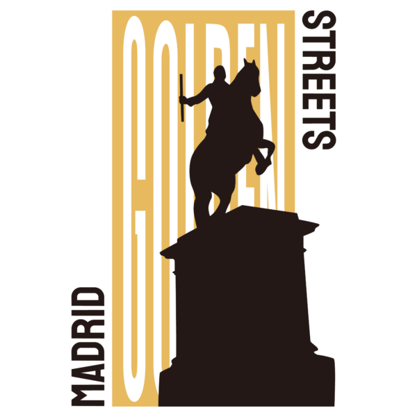 Illustration of equestrian statue of Philip III over a background of letters design