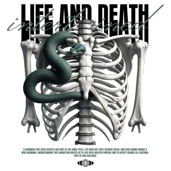 Skeleton torso with a snake moving around in 3d style design