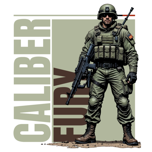 Illustration of a soldier preparing to shoot against a background of letters design