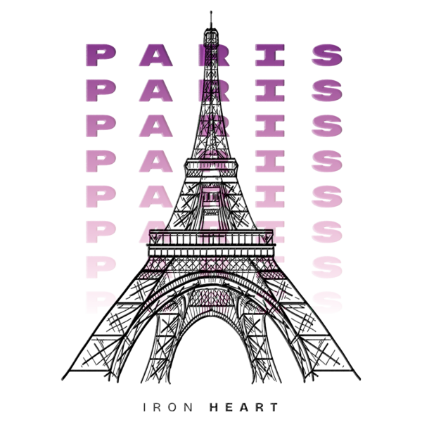 The Eiffel Tower of Paris from a low angle view superimposed on a decorative text design