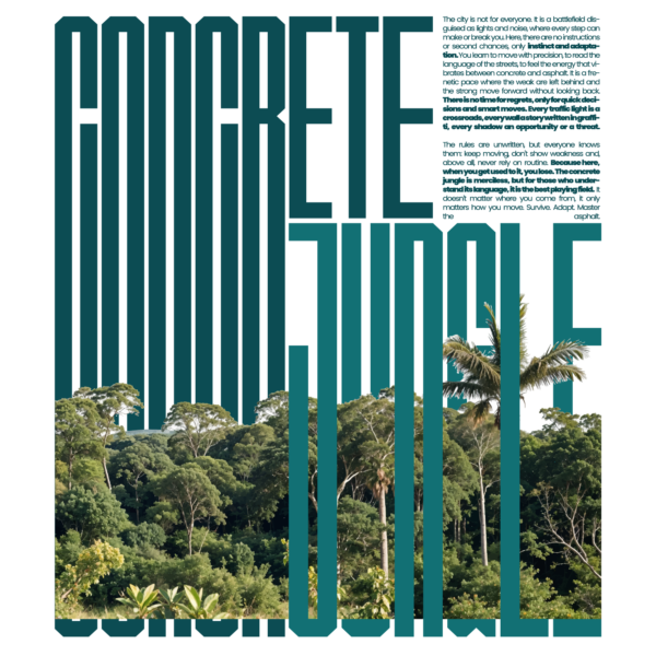 Vertical lettering design that intertwines with a jungle image design