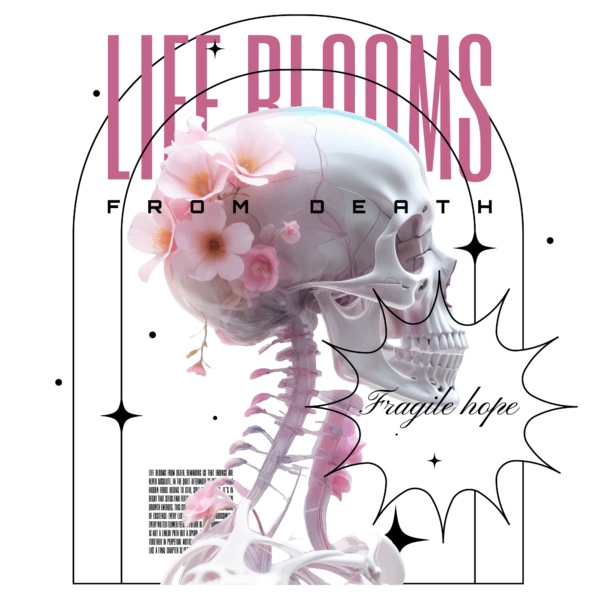 White skeleton side view with pink flowers and aesthetic elements design