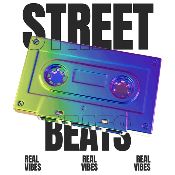 A design with a cassette in green and blue tone with a phrase about the streets design