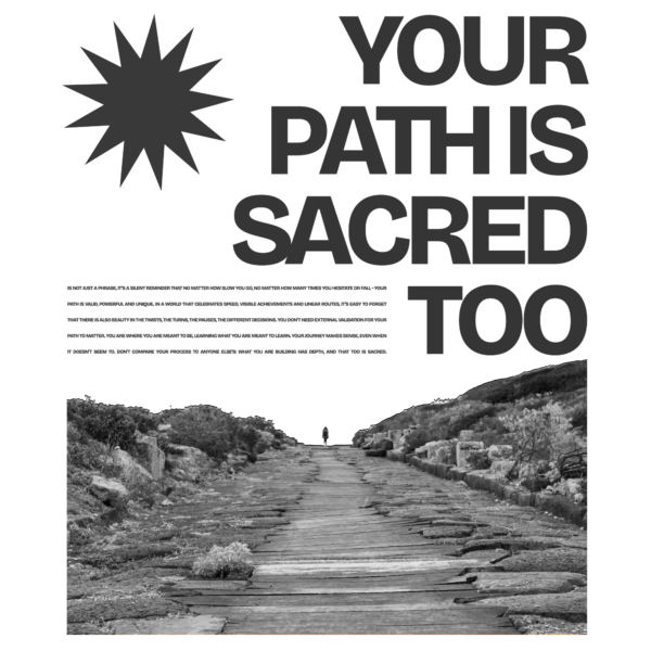 A person walking on a path between mountains with an inspirational quote design