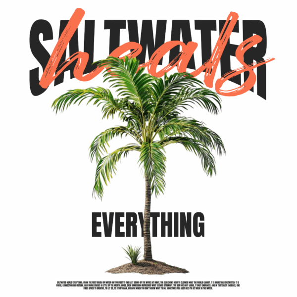 Illustration of a palm tree overlaid on a beach phrase design