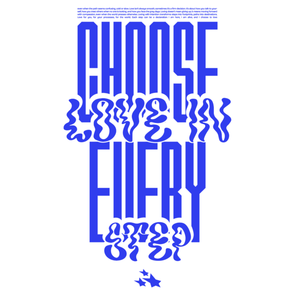 Vertical typographic design in blue with wave words in display font design