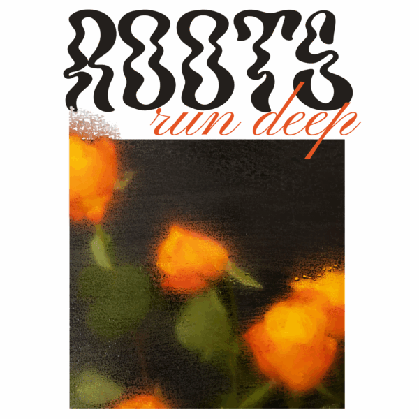 A typographic design with orange flowers in contrast with black background and decorative message design