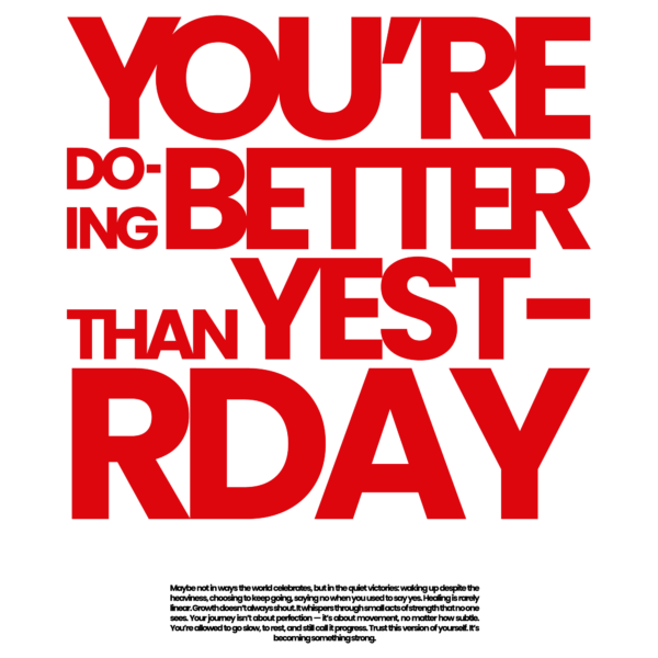 An inspirational phrase in red tones in uppercase font design